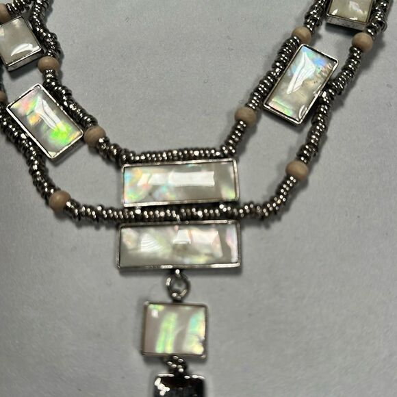 Free People Lately Women's Bib Dangle Necklace Abalone Silver Rope Beaded - Picture 5 of 7